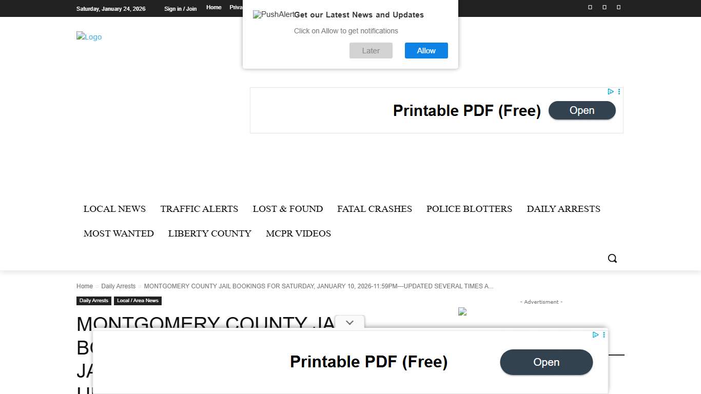 MONTGOMERY COUNTY JAIL BOOKINGS FOR SATURDAY, JANUARY 10, 2026-11:59PM—UPDATED SEVERAL TIMES A DAY montgomery county police reporter